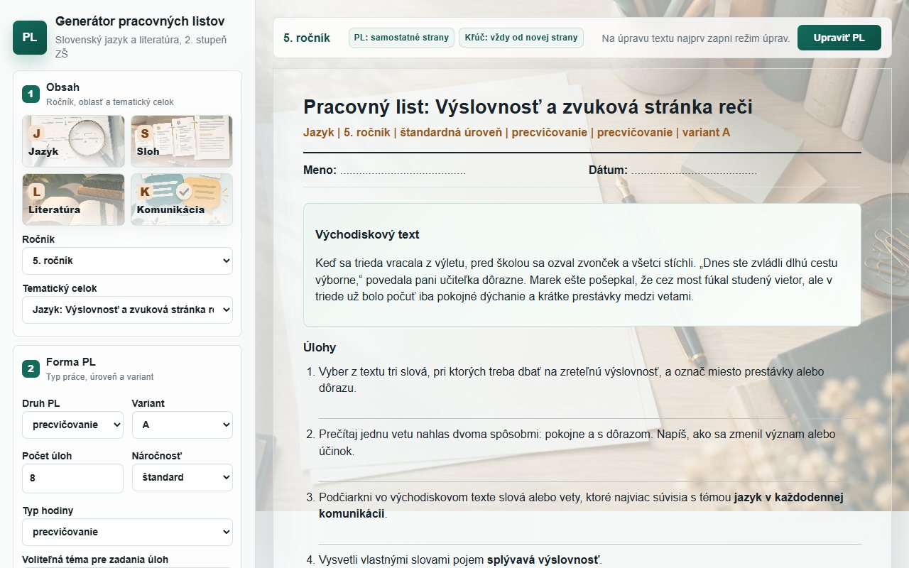 Ukážka aplikácie Generátor pracovných listov – SJL pre 5. – 9. ročník