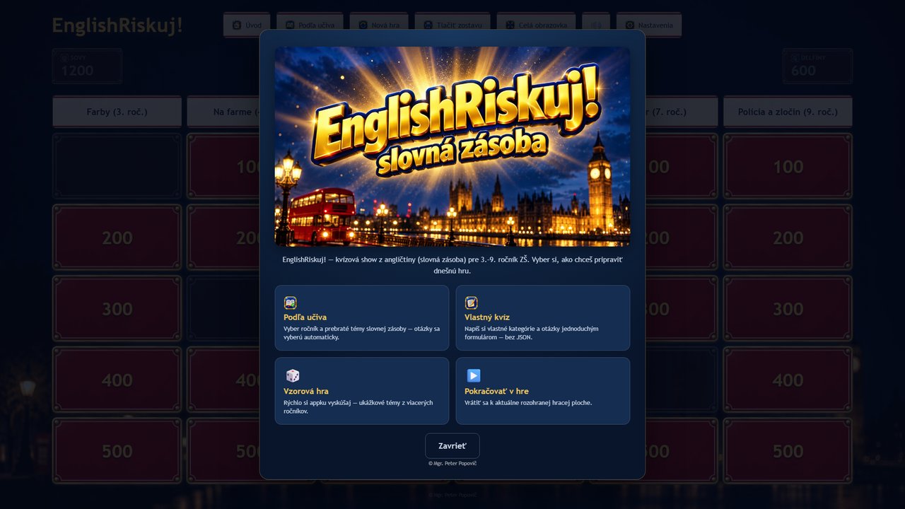 Ukážka aplikácie EnglishRiskuj! – Riskuj z angličtiny pre 3. – 9. ročník